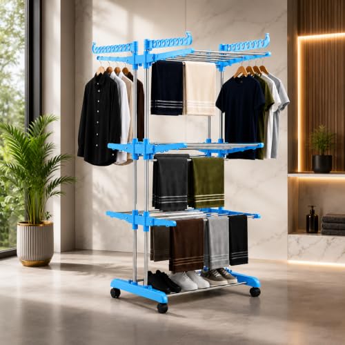 Image of SUNDRY Clothes Drying Stand 3Tier Foldable Stainless Steel Laundry Drying Rack with Wheels | Heavy Duty Garment Hanger Rack | Space Saving Indoor Outdoor Cloth Dryer Stand Sky Blue