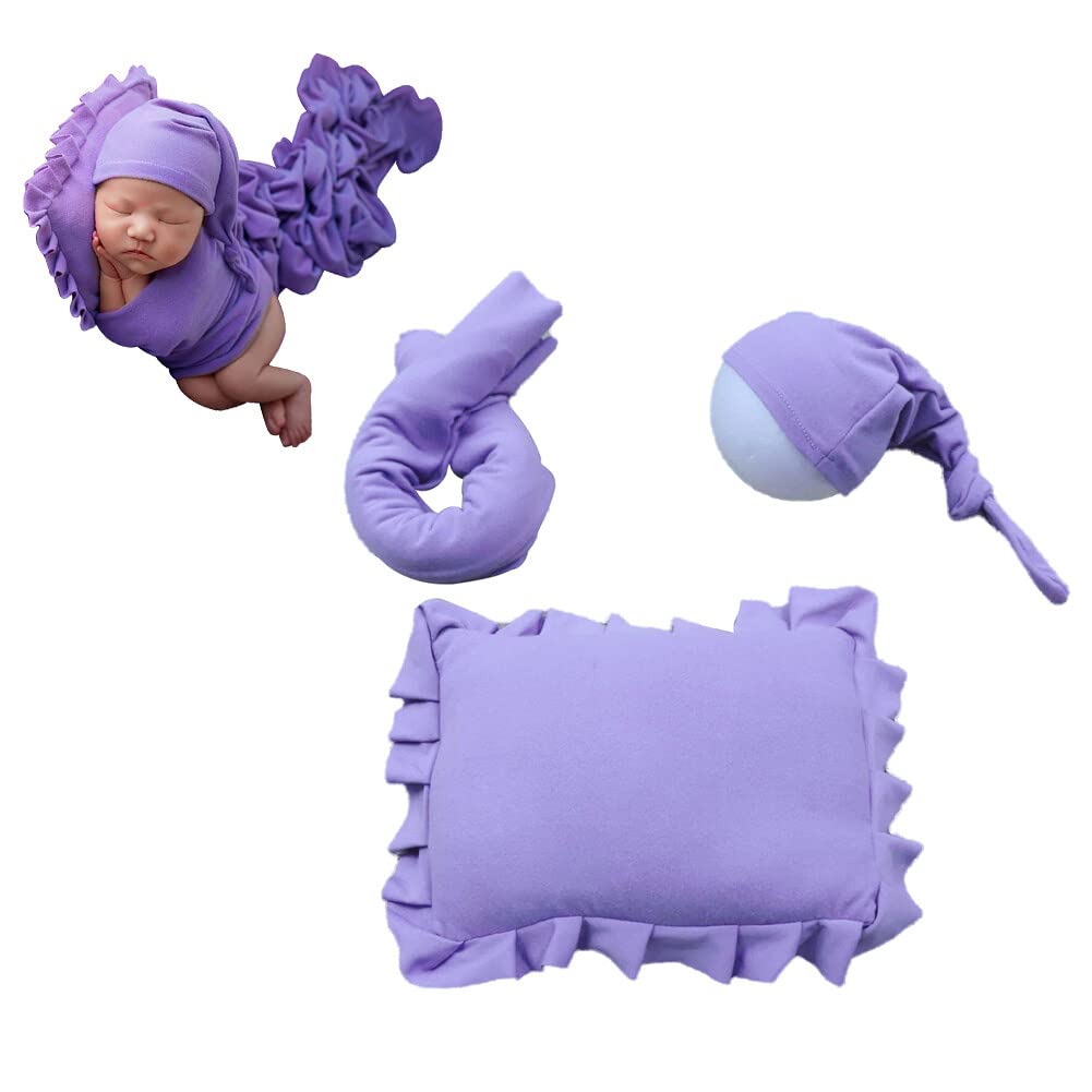 3pcs/Set Newborn Photography Props, Newborn Stretch Swaddle Wrap Blanket Hat and Posing Pillow Prop Baby Newborn Photography Photo Blanket Set for Baby 0-6 Months