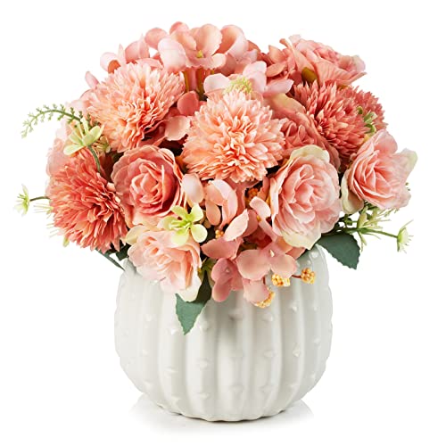 ENOVA FLORAL Potted Artificial Silk Rose Flowers in White Ceramic Pot, Faux Flowers Arrangement in Vase with Faux Water Mixed Silk Dahlia Fake Flowers in Pot for Table Decor (Pink)