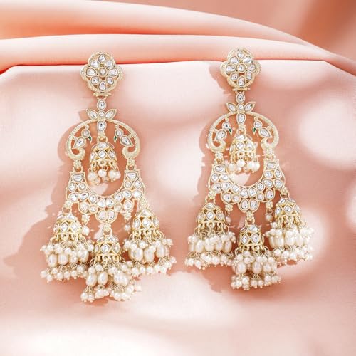 Image of Rubans Long Dangler Earrings Kundan & Pearl Ethnic Jewellery Gift for Women & Girls