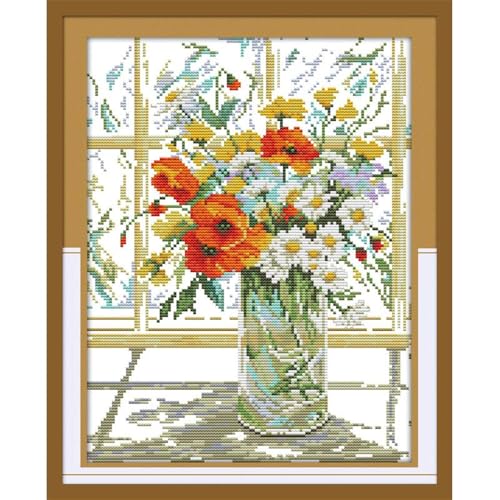 Image of JOYSEWING Flower vase Pattern Stamped Cross Stitch, Counting Cross Stitch Kit for Adult Beginners, DIY Needlepoint Craft Kits, Home Decor- (Flower vase on windowsill(Printed) 14.17 x17.72 inch)