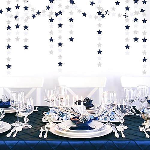 Image of Navy-Blue White-Silver Party-Decorations Birthday Garland - 62ft Twinkle Little Star Hanging Streamers Banner,Wedding Bachelorette Bridal Baby Shower Graduation Decor Hugtmr