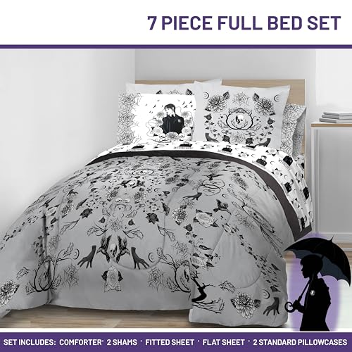 Image of Wednesday Addams Full Size Comforter Set 7 Piece Floral Bedding, Gray