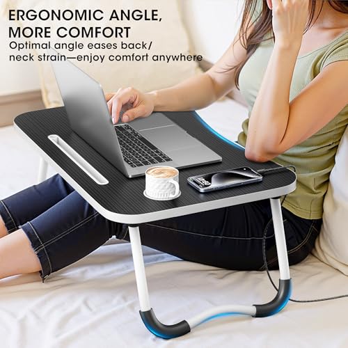 Image of Folding Lap Desk, 23.6 Inch Wood Laptop Bed Desk with Cup Holder, Portable Bed Table for Working Writing Reading & Eating for Bed, Sofa, Couch, Floor - Black