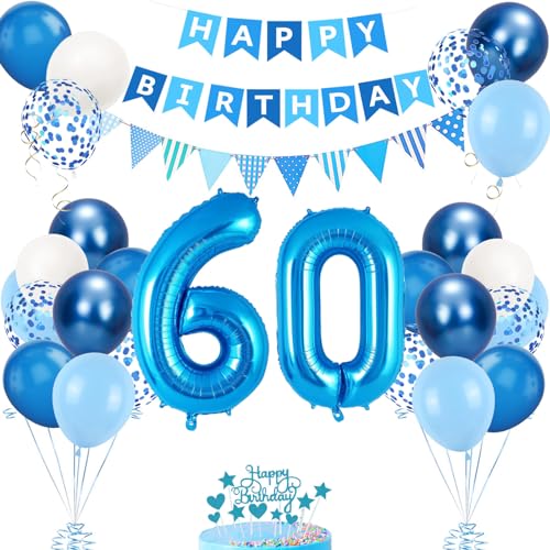 Decoração de aniversário 60 anos azuis, balões de aniversário 60 anos para homem, balões de 60 anos, balões de aniversário 60 anos, decoração de 60 anos para homens e mulheres decoração de festa