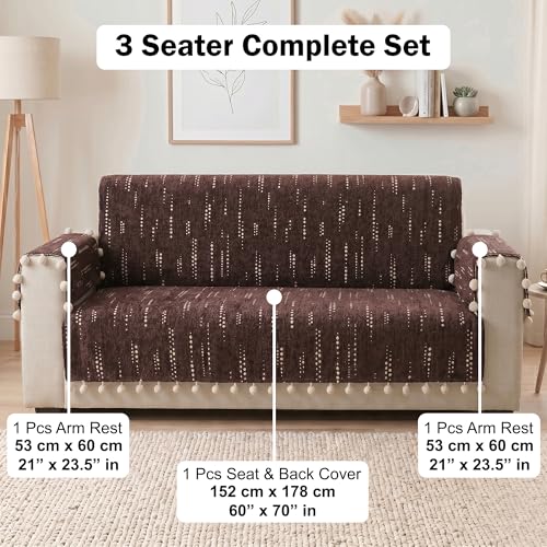 Image of Story@Home Chenille Sofa Cover 3 Seater Fully Covered with Back Covers (152x178Cm) & Arm Rest Covers| Anti Slip Sofa Mat for 1 /2 /3 Seater & L Shape Sofa Cover - Mocha & Ivory
