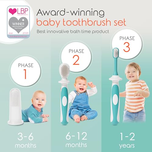 Cherish Baby Care Baby Toothbrush 0-2 Years - BPA-Free & Safety-Tested Newborn to Toddler Toothbrush Set, 2023 Award Winner, Food-Grade Silicone (Teal)