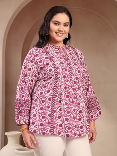 Image of Stylum Women's Plus Size Blue Floral Printed Pure Cotton Top | Plus Size Tops for Women Short Kurti