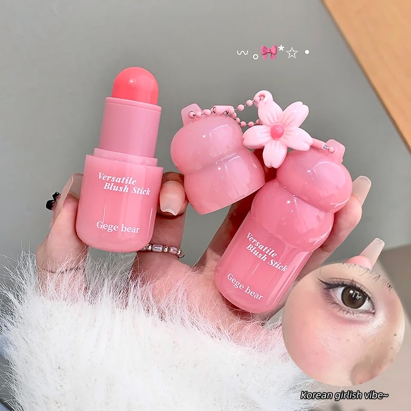 Image of Gege Bear Multi Purpose Powder Blusher Stick | Cream Blush Jelly Texture | Easy Application No Brush Required | Long Lasting Buildable Color Pink Peach | Cute Blush Tint for Cheeks and Lips | Jelly with Glossy Dewy Finish | Portable Face Makeup for Women Girls (02# Juicy Red Grapefruit, 3.8g)