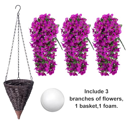 Image of INSPRING Artificial Bougainvillea Faux Flowers Plants Baskets for Outdoor Outside Decoration, 3PCS Fake Silk Flowers Long Trailing Vines UV Resistant Realistic for Front Door Porch Patio (Purple)