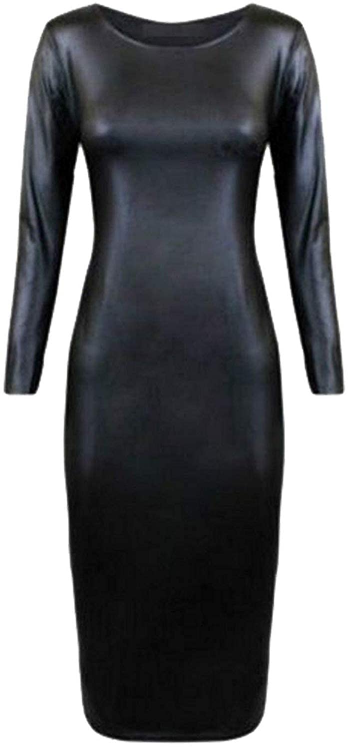 FAIRY BOUTIQUE Womens Scoop Neck Wet Look Midi Dress Ladies Long Sleeve Stretch Bodycon Dress Plus Size 8-26 Black