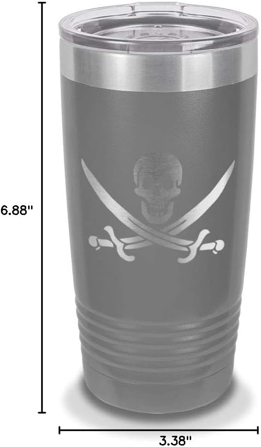 Calico Jack 20 oz Laser Engraved Polar Camel Stainless Steel Vacuum Insulated Tumbler w/Clear Lid Pirate Jolly Roger flag - Customizable - Dark Gray