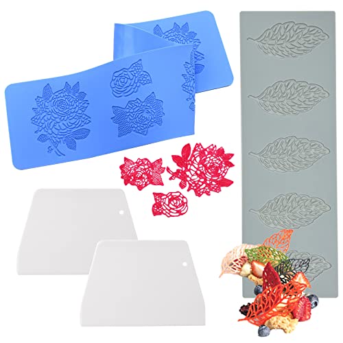 Woohome Moules à Fondant en Dentelle et Grattoir, Tapis de Dentelle en Silicone de Feuilles Roses Tapis D'impression de Fondant de Gâteau pour La Décoration de Gâteau Cover