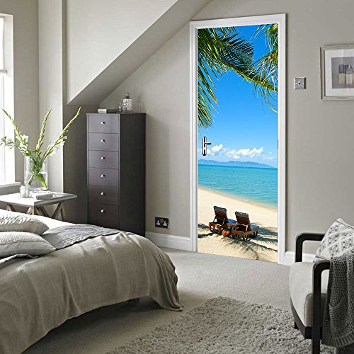 Fymural Door Mural Wallpaper Stickers Beach View Self-Adhesive Vinyl 3D Peel and Stick Removable Art Door Decals 30.3x78.7