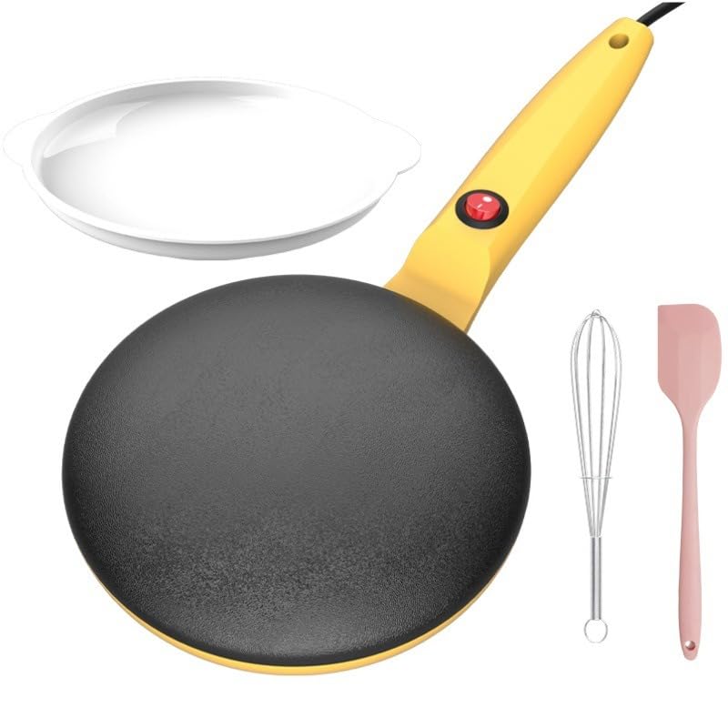 Electric Crepes Maker with Handle Nonstick Crepe Pan Instant 8 Inch Pancake Maker Easy to Clean Includes Batter Bowl Spatula Mixer Mini Pancake Maker Essential for Homemade Crepes (yellow)