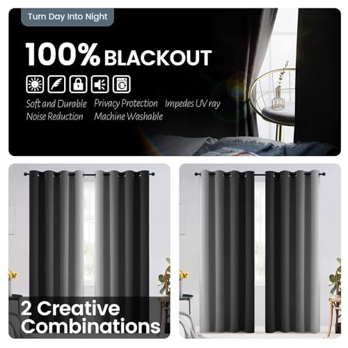 Image of SimpleHome 100% Blackout Ombre Bedroom Curtains Black and Greyish White,54L | Room Darkening Curtains,Thermal Insulated Grommet Window Drapes and Curtains for Living Room,2 Panels, 52x54 inches Length