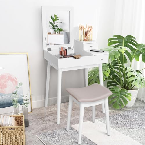 Giantex Vanity Table Set with Flip Top Mirror and Cushioned Stool, Folding Top Flip Mirrored Large Storage Organizer for Home Bedroom Bathroom, Makeup Dressing Table Set with 2 Drawers, White