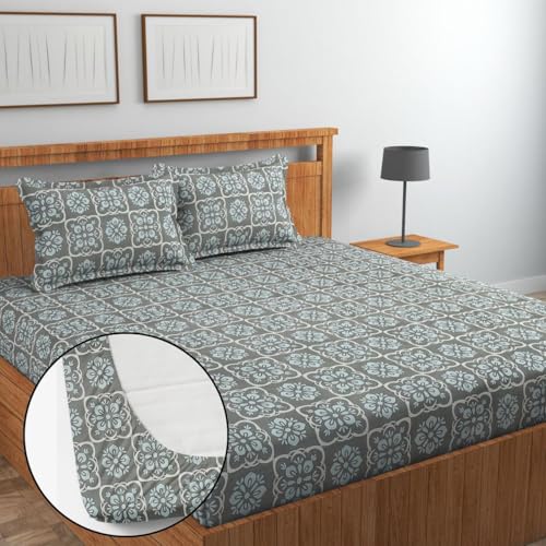 Image of Jashan Super Soft Glace Cotton Fabric 300 TC All Around Elastic Fitted Elegent Design King Size Double Bed Bedsheet with 2 Pillow Covers Fits Upto Mattress of 10 Inche,Size-72 x 78 x 10 Inche-Grey