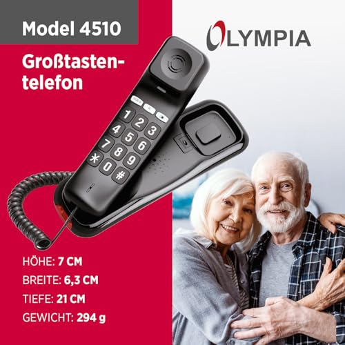 Olympia Großtastentelefon 4510 | Seniorentelefon Festnetz | extragroße Wahltasten | Senioren Telefon schnurgebunden | übersichtliches LCD Display | Festnetztelefon mit Schnur | Haltefunktion | schwarz