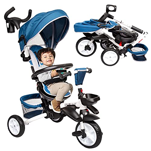 6-in-1 Baby Tricycle Stroller - Kids Tricycle Stroller Bike for Toddlers Foldable with Adjustable Push Handle, Removable Canopy, Safety Harness for 6 Months - 5 Year Old (Blue)