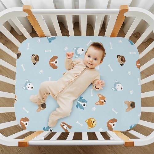 Image of Fitted Crib Sheets Dog Blue Footprint Bone Stretchy Portable Playard Sheets for Baby Toddler, Breathable Soft Mini Crib Mattress 39 x 27 in for Boys and Girls