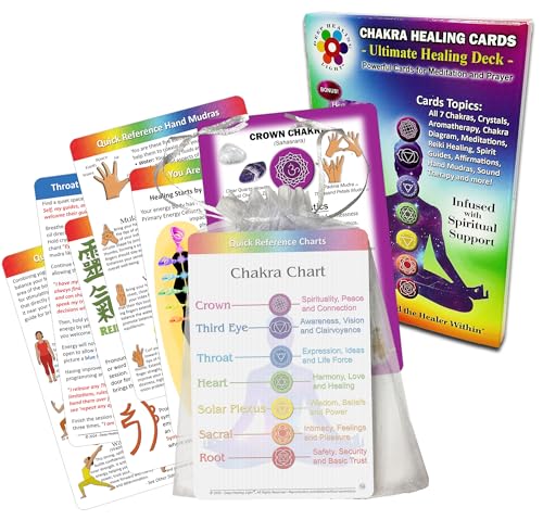 Deck of Chakra Healing Cards Helps Restore and Balance Your Energy with Meditations, Affirmations, Chakras Chart, Essential Oils, Reiki Symbols, Yoga Poses, Hand Mudras - (20) 4"x6" 2-Sided Cards