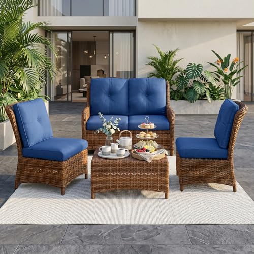 Image of Luxury 4 inch Thick Outdoor Cushion Set of 7 - 22x24 Patio Furniture Cushions with 28D High-Density Foam, Water-Resistant & Fade-Resistant Fabric, Removable Covers for Patio Furniture Sofa Couch -Blue