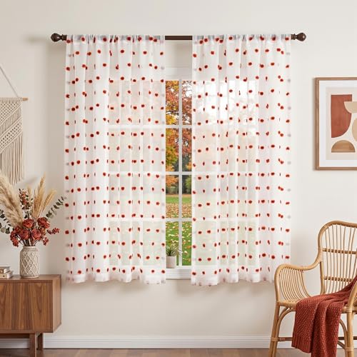 Image of MYSKY HOME Boho Brick Red Pom Pom Curtains for Kids Room 63 Inch 2 Panels