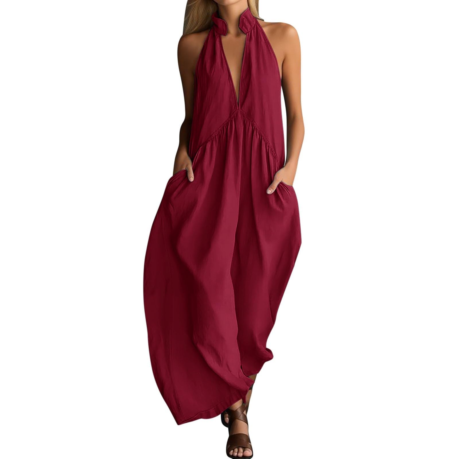 Combinaison fluide d'été avec poches coupe ample et pantalon large plissé - 6