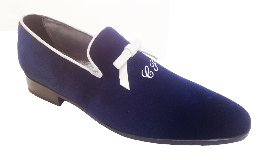 Slippers Chaussures homme en velours bleu avec initiales personnalisées