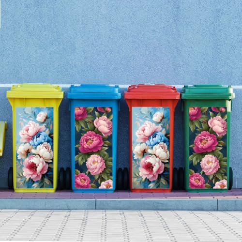 Image of Peacoblue Wheelie Bin Stickers 2 Sheets Peonies and Leaves Sticky Dustbin Stickers Decals, 15 inch x 32 inch Waterproof Large Wraps for Trash Cans Bins Fridges Door Wall Garden Outdoor Indoor Patio Decor