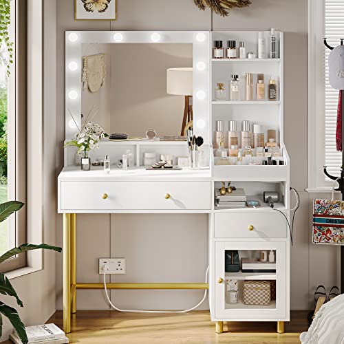 Viagdo White Makeup Vanity With Lights & Charging Station, Vanity Desk With Mirror And Lights, Vanity Table With Drawers And Cabinet, Open Storage Shelves, 3-Compartment Organizer #TOP6
