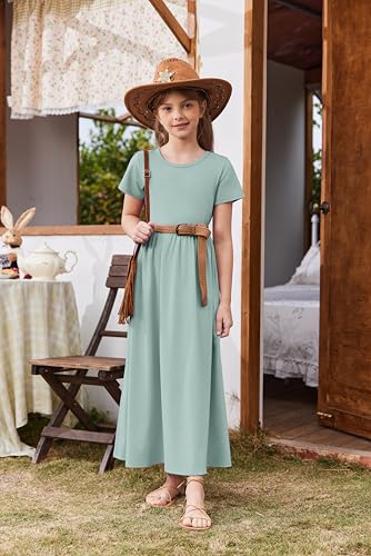 Image of Arshiner Girls Maxi Dress Long /Short Sleeve Casual Holiday Dress with Pockets for 5-13 Years