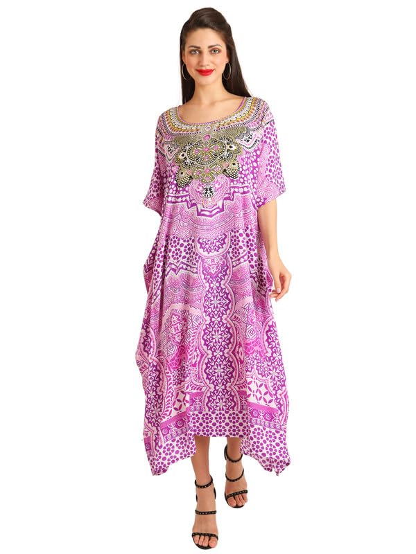 Image of Miss Lavish London Swimwear Cover ups Kaftan Dresses for Women Ethnic Print V Neck, Beach Coverups Plus Size, Side Slit & Pockets on Both Sides, Womens Beach Resort Wear-Purple-XL