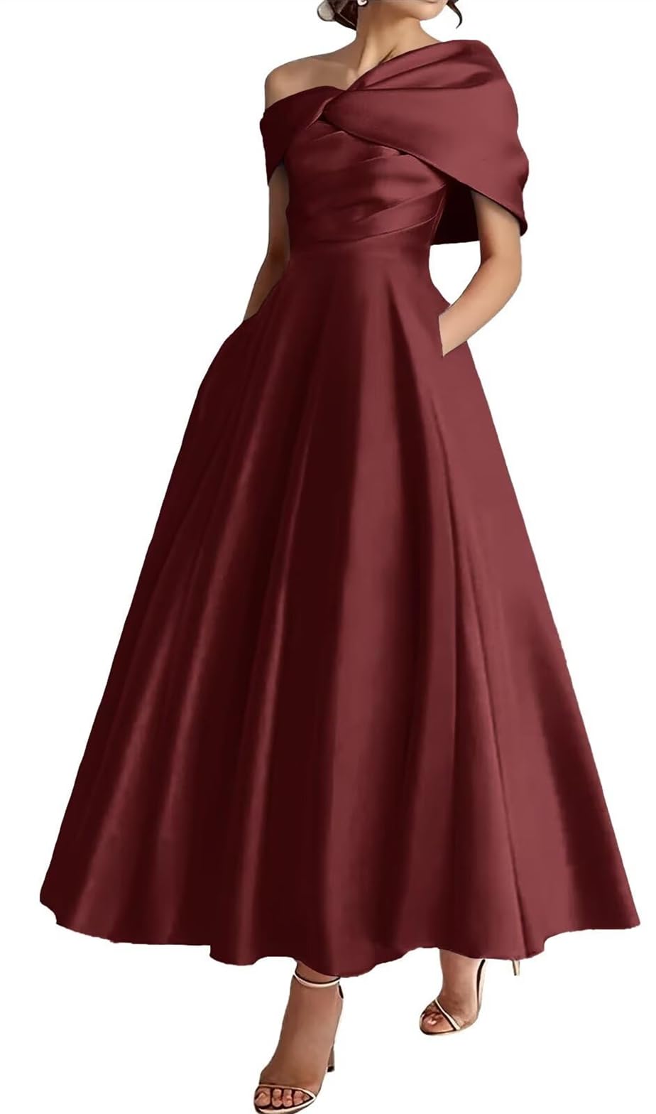 Wseyu Women's Burgundy Tea Length Mother Of The Bride Groom Dresses Satin Formal Evening Grandmother Gowns With Bow Pockets Zmki328 Uk6