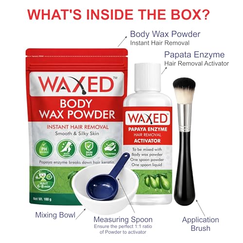 Image of WAXED Body Wax Powder Waxing Kit for Women | Instant Hair Removal | Papaya Enzyme Activator | Full Body Wax | 100g Powder + 100ml Activator | With Bowl, Spoon & Brush Included.(Pack of 2)