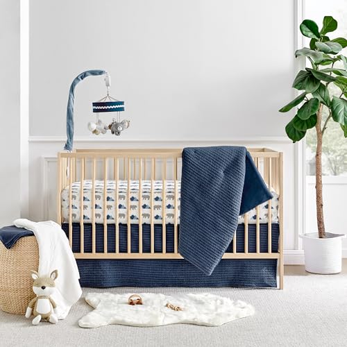 Image of Levtex Baby - Mills Waffle Crib Bed Set - Baby Nursery Set - Navy - Navy Textured Waffle - 4 Piece Set Includes Quilt, Fitted Sheet, Dust Ruffle and Rope Basket