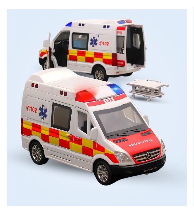 1:32 Scale Die-Cast Mercedes Ambulance Emergency Rescue Toy, Light and Siren Sound Effects, Pull-Back Action, Openable Doors and Rear Hatch for Kids