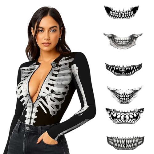 Halloween Skelett Kostüm Damen Set XL mit Gesichtstattoos – Gruseliges Sexy Jumpsuit Vampir Cosplay Body für Erwachsene + Temporäre Tattoo...