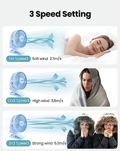 Image of Gaiatop Portable Clip on Fan Battery Operated, Small Powerful 3 Speed Quiet 360 Rotate, USB Rechargeable Mini Personal Cooling Fan for Desk Table Home Office Stroller Camping Women Gifts Light Blue