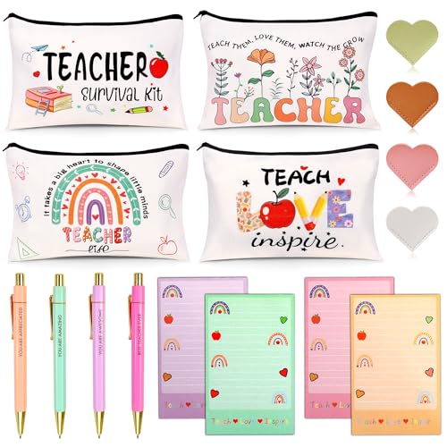 Teacher Appreciation Gifts Bulk, 16Pcs Gifts for Women with Teacher Survival Kit Makeup Bags, Bookmarks, Notepad and Pens, Christmas Gifts for Appreciation
