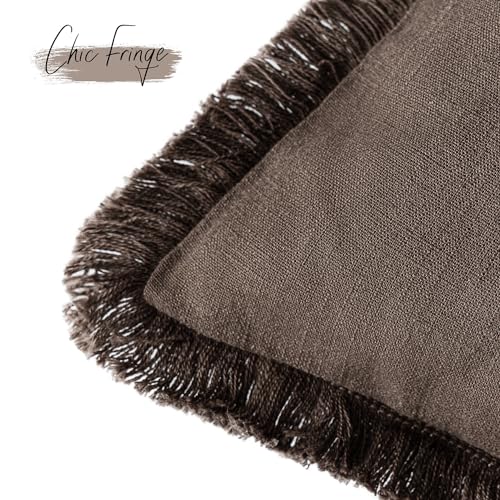 Image of Foindtower Set of 2 Decorative Linen Fringe Throw Pillow Covers Boho Farmhouse Cushion Cover with Tassels Soft Accent Pillowcase for Couch Sofa Bed Living Room Home Decor,18x18 Inch,Reddish Brown