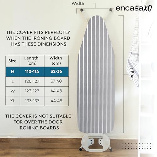 Image of Encasa XO Ironing Board Covers and Pad - 112x34 cm Fits Medium Iron Boards, Thick 4mm Felt, Elasticated Fit, Heat & Scorch-Resistant, Elastic Bungee Cord Tightening & Lock Roma Grey Stripes
