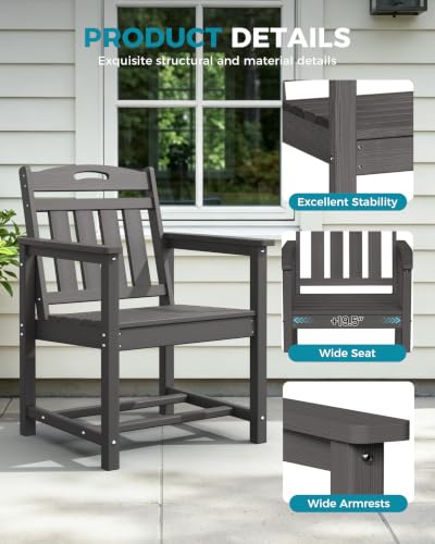 Image of Ciokea HDPE Outdoor Patio Dining Chairs Set of 2, All-Weather Porch Chair with Wide Seat, Durable Outdoor Furniture for Backyard, Garden, Lawn & Poolside, Grey
