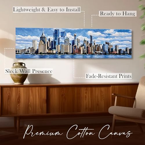 Image of New York City Skyline Stretched Canvas Wall Art Painting for Living Room, Horizontal Cityscape Canvas Wall Decor For Livingroom, Bedroom, Office, Hallway's, Hotel 12x46 Inch