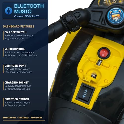 Image of MEKASHI 6V Electric Ride-On Bike for Kids with Bluetooth Music (Yellow) | Realistic styling with LED headlight, rechargeable battery & smooth ride performance for toddlers aged 1-4 years