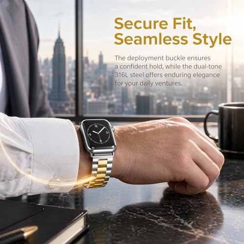Image of Silver Gold Stainless Steel for Apple Watch Chain Band 38-42mm | 304 Stainless Steel Chain Strap Adjustable Links Double Clasp Fits S10 /Ultra /Se3 Wrist 6.3-8.07in Durable Luxury Metal Band