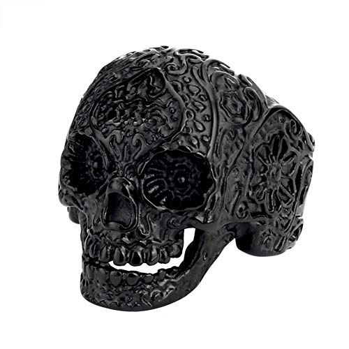 PAURO Unisex's Stainless Steel Skull Flower Ring Gothic Biker Style