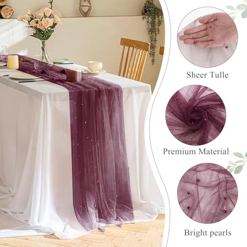 Set of 6 Pearl Table Runner 29 x 120 Inch Tulle Fabric Lace Table Runners for Bridal Shower Birthday Party Wedding Arch Dessert Table Decor(Burgundy) by JALANCY - Image 2