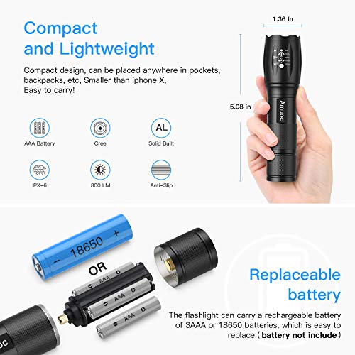 Amuoc Flashlight, Upgrader LED Tactical Flashlight S1000 - High Lumen, 5 Modes, Zoomable, Water Resistant, Handheld Light - Best Camping/Outdoor/Hiking(Batteries Not Included) (2 Pack) - Thumbnail 4
